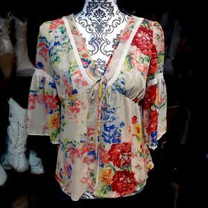 Almost Famous sheer flower bell sleeve peasant top